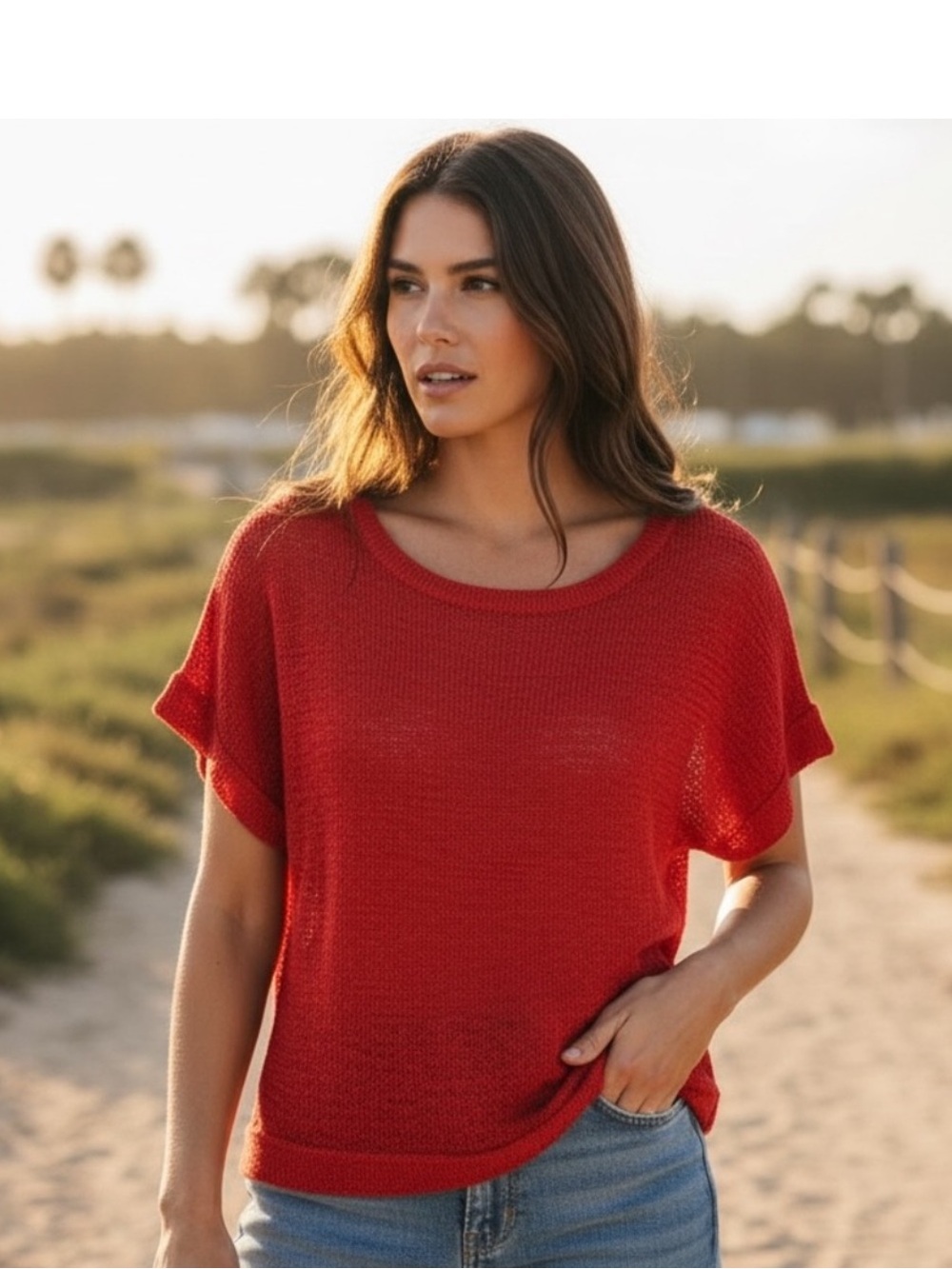 WD.NY Red Short Sleeve Knit Top